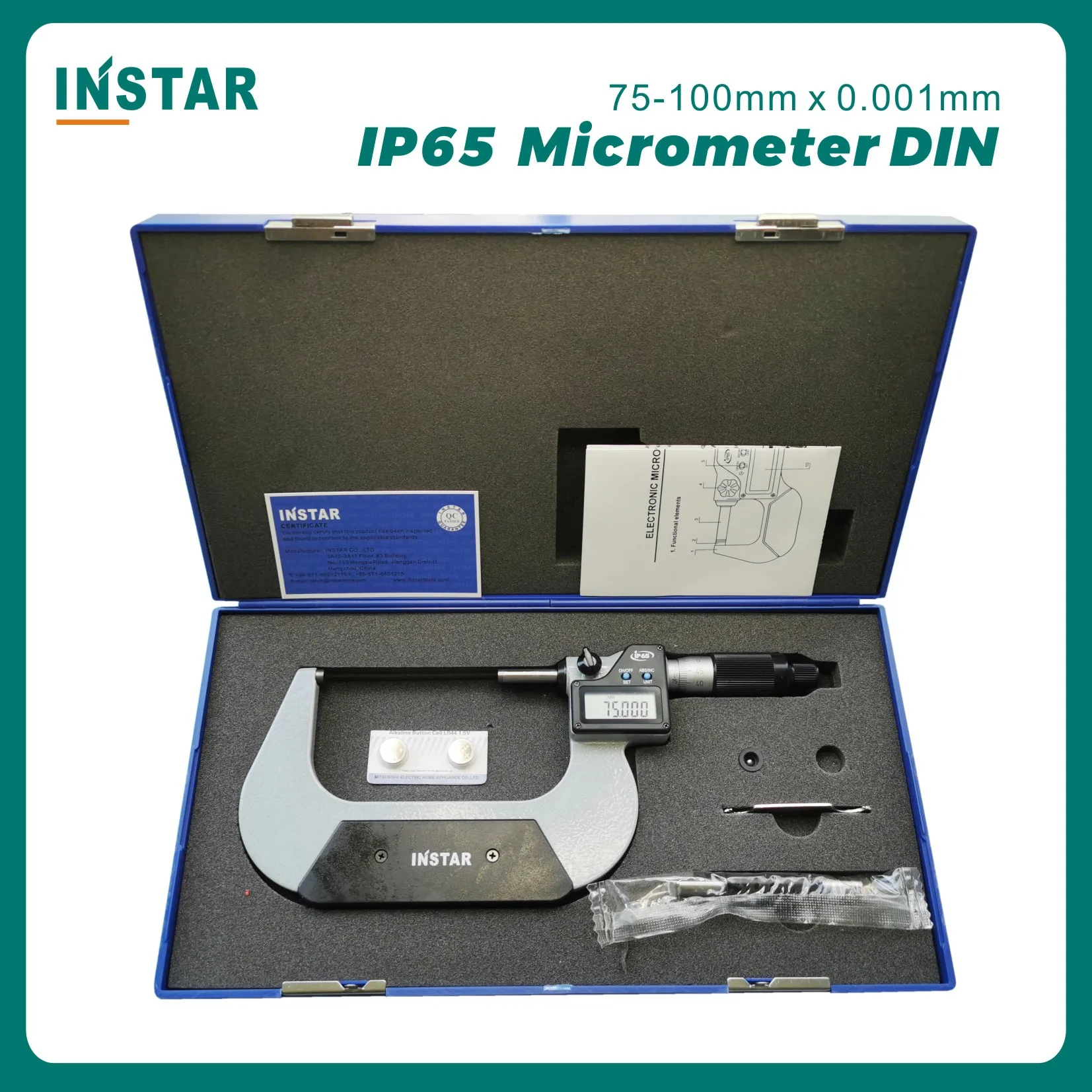 INSTAR Digital Micrometer IP65 Oil Proof 75-100mm 0.001mm DIN Standard Industrial Quality Oil Proof