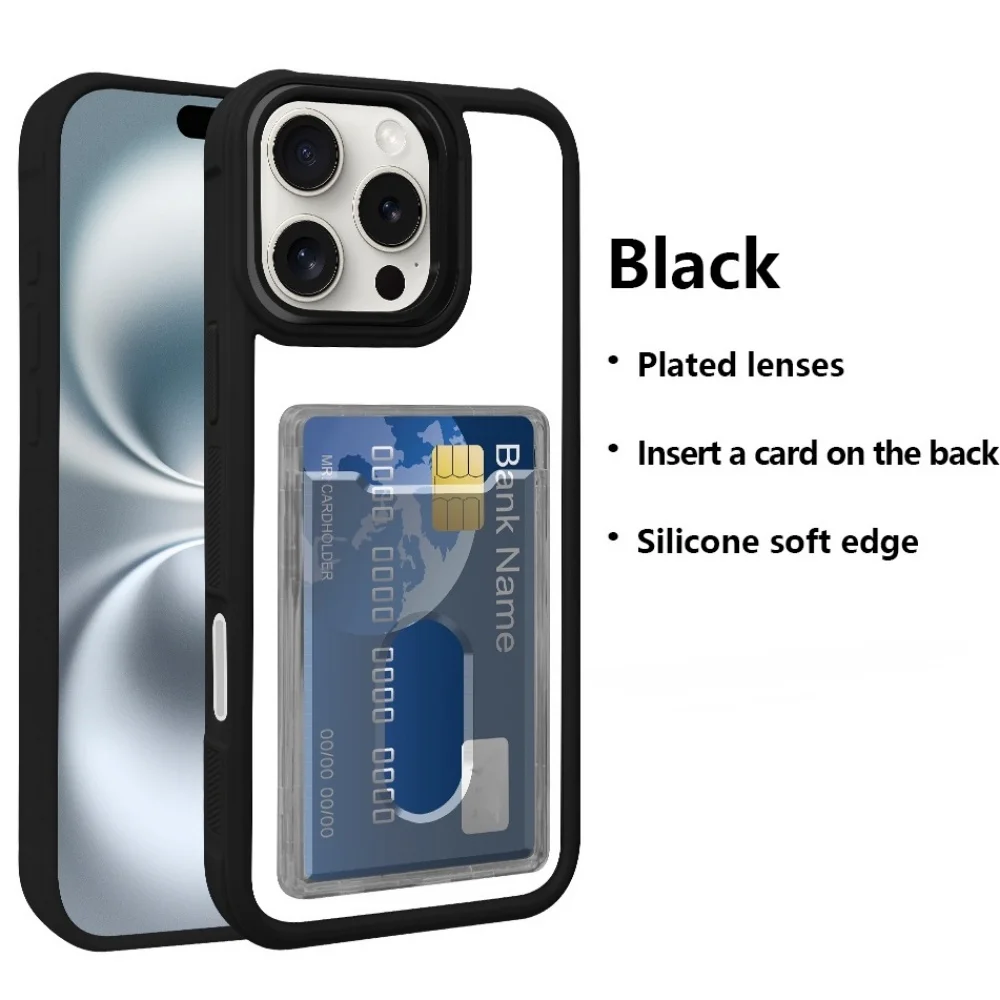 Transparent Wallet Slot Card Holder Case For iPhone 16 15 14 Plus 13 12 11 Pro Max Folding Lens Brackt Stand Protection Cover