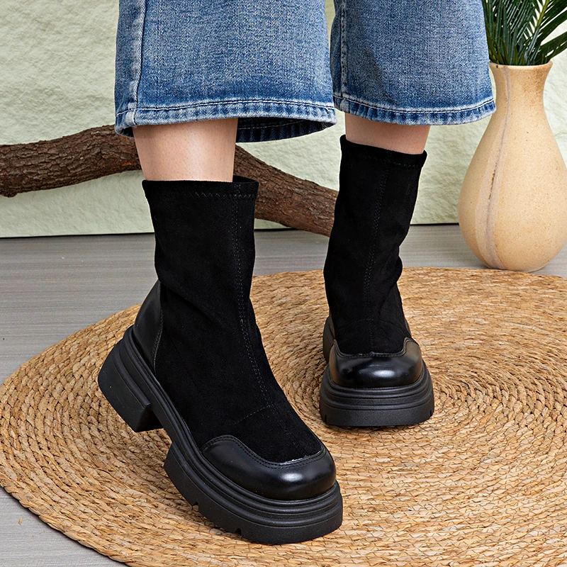 

2025 Autumn Winter New Women's Korean Style Suede Combination Mid-Calf Boots - Platform Chunky Heel Slimming Ankle Boots