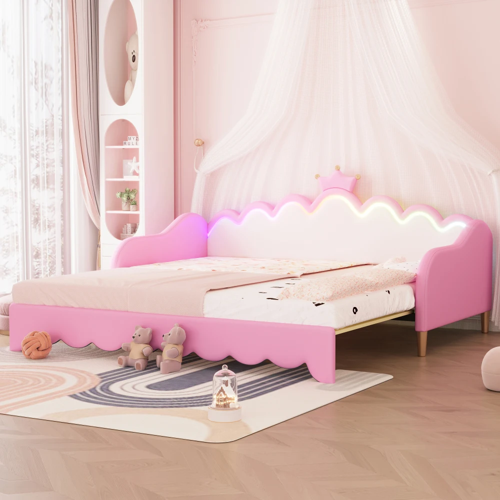 Cama de Dia Extensível com Luzes LED, Cama de Princesa Moderna Estofada com Cabeceira em Forma de Coroa, Rosa