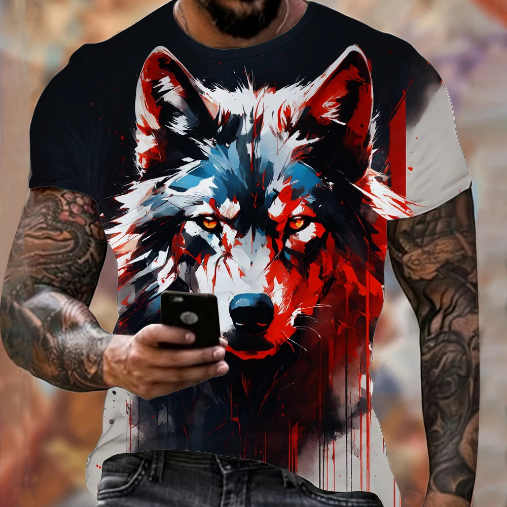 Summer Men\'s Lightweight Fitness Sports T-Shirt Cool Fire Wolf Graphic 3D Print Short Sleeve Casual Loose Streetwear Men\'s Tops