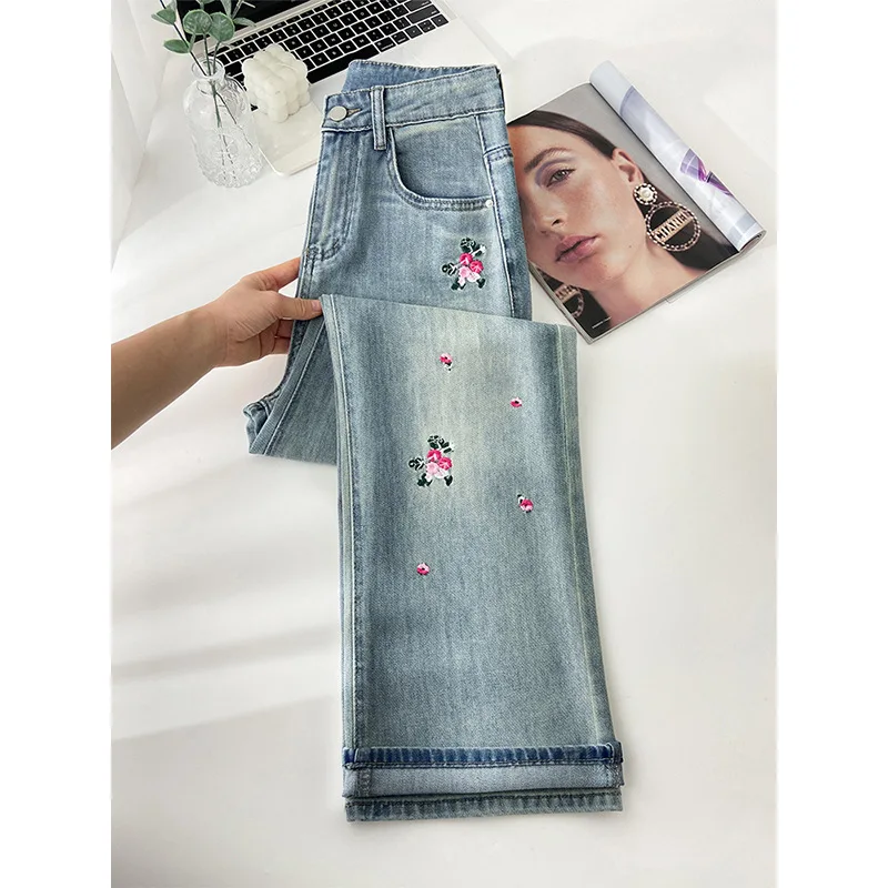 Embroidered national style jeans female spring year small fresh high waist narrow version straight leg wide leg pants