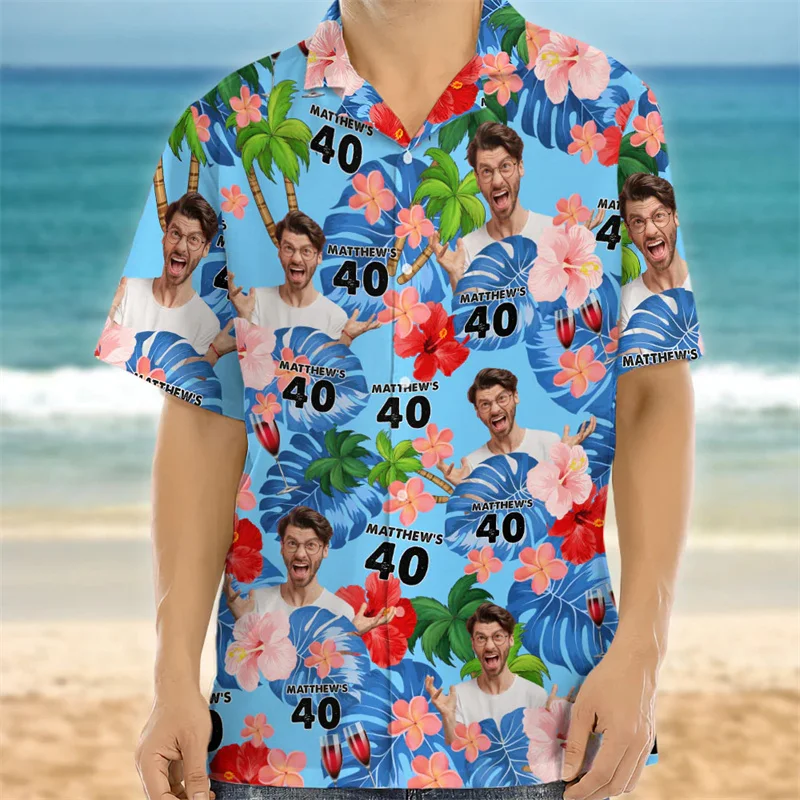 Custom Birthday Photo Hawaiian Shirt Men 2025 Summer Beach Shirts Button Down Short Sleeves 3d Printing Tropical Plants Blouse