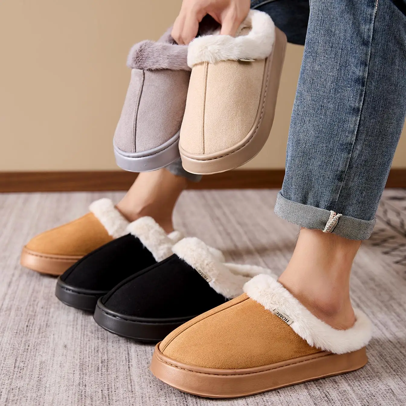 

Хлопковые тапочки, подходящие для ношения на улице осенью и зимой, теплая обувь для пар дома - тапочки на толстой подошве однотонного цвета.