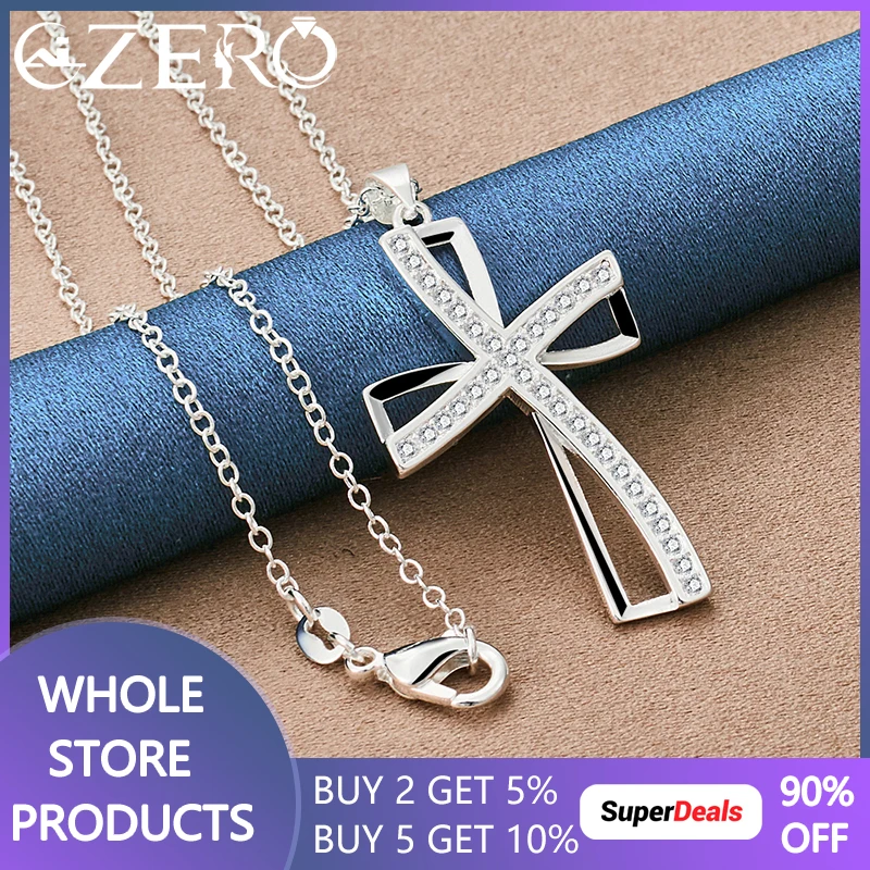 

ALIZERO 925 Sterling Silver 16-30Inch Chain Zircon Cross Pendant Necklace For Women Men Wedding Party Fashion Charm Jewelry Gift