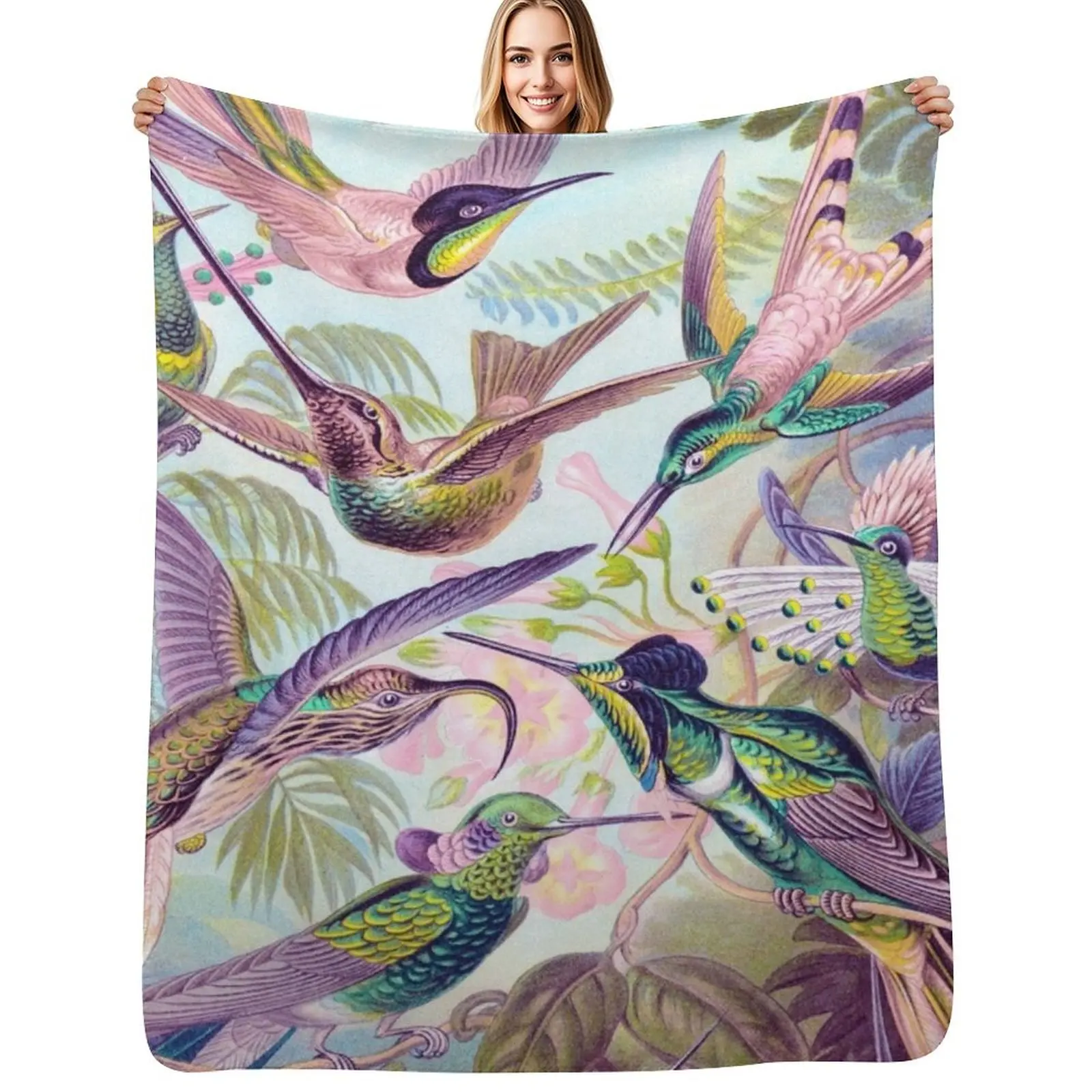 

Pink: Haeckel Hummingbirds 1904 Throw Blanket Custom Bed Fashionable Decorative Beds Soft Blankets