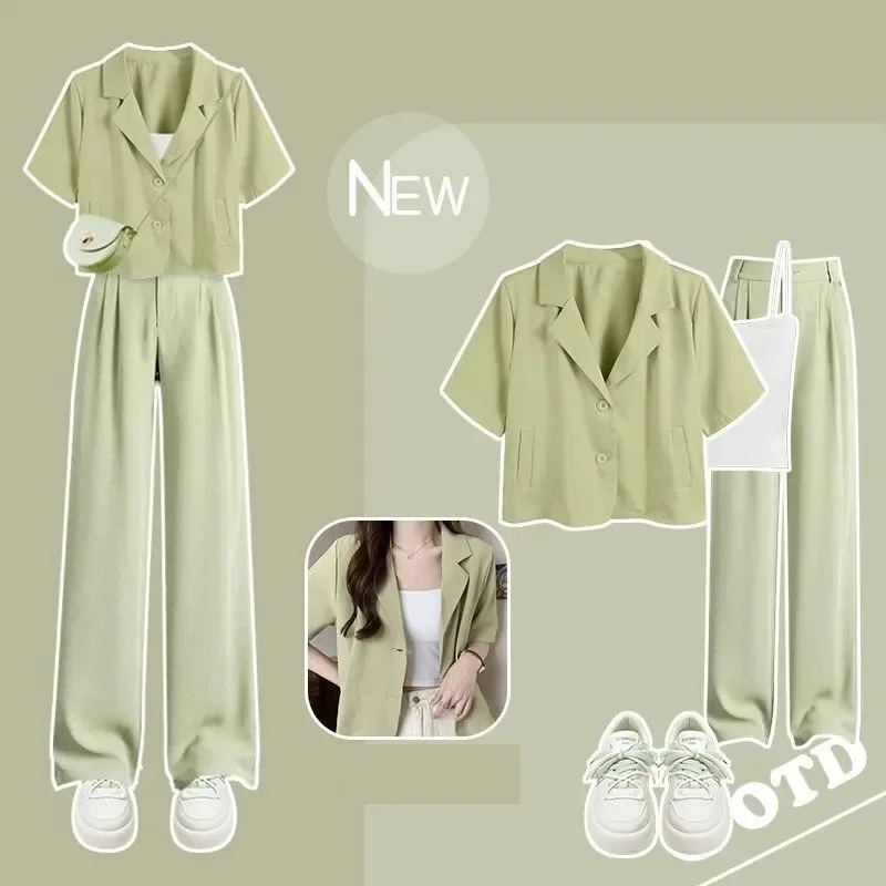 

Women's Summer New Casual Blazers Matching Set 2024 Korean Elegant Short Sleeved Top+suspender+wide Leg Pants Three Piece Suit