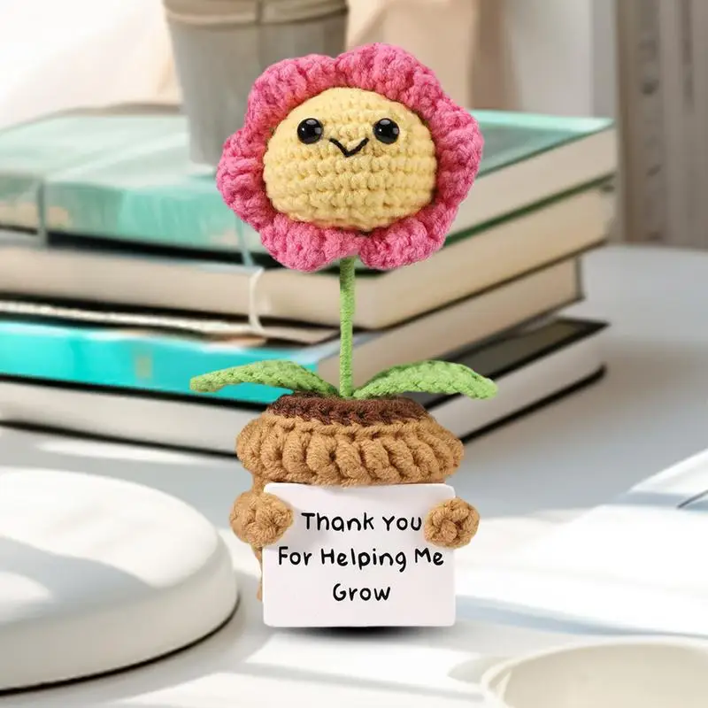 Positive Sunflower Doll Crochets Emotional Knitted Sunflower Handmade Encouragement Plant Decor For Car Dashboard Window Sill