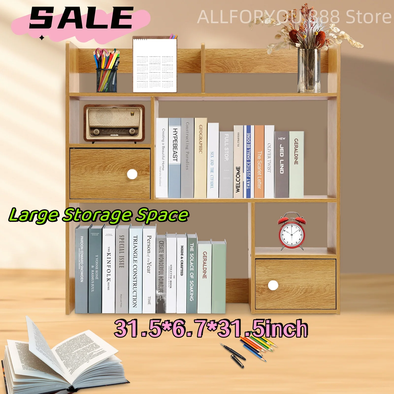 

80cm Small Desktop Bookshelf Multi-layered open compartment Office Table Storage Shelf Rack Pine Color/White