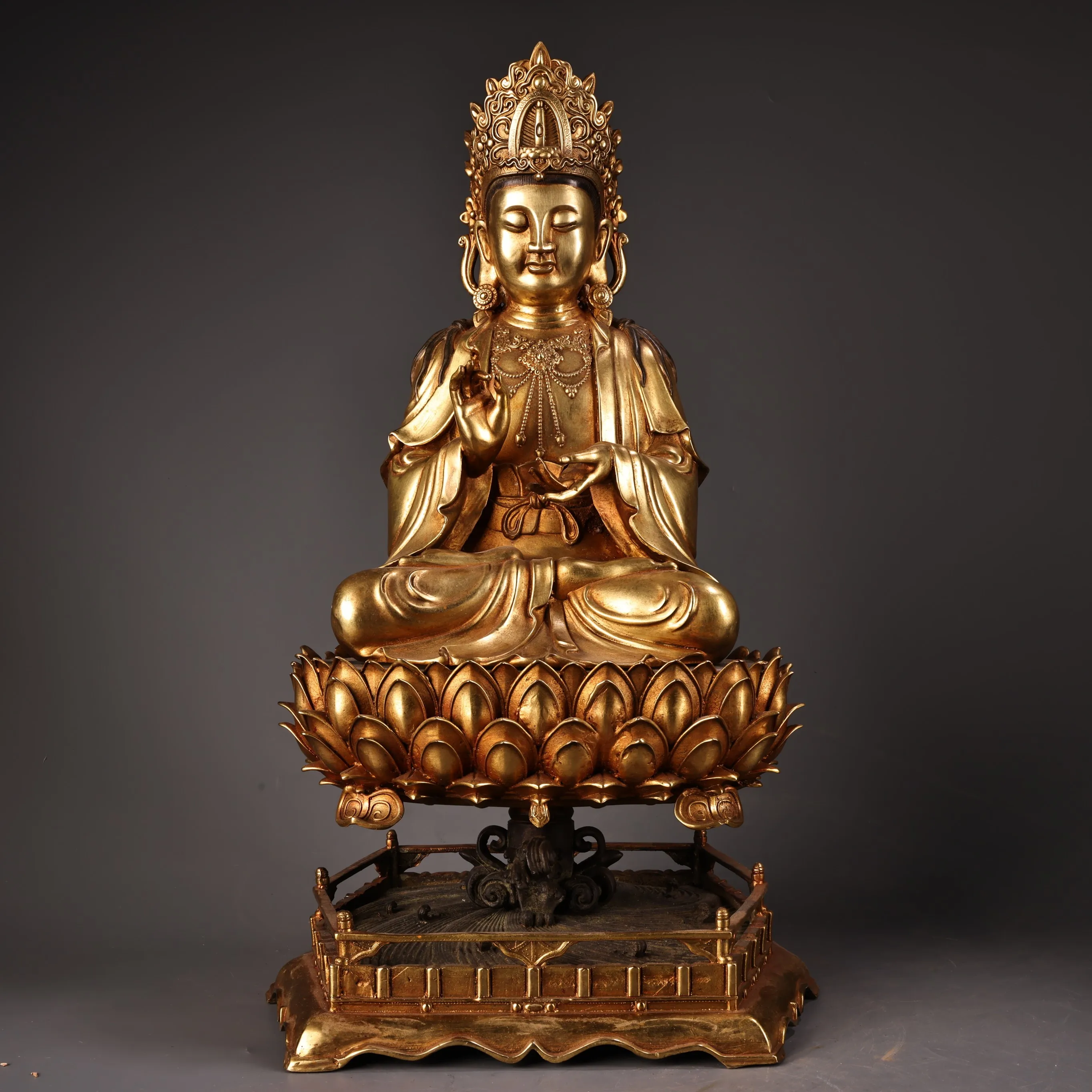 

20"Old Bronze Gilded Cinnabar Lotus Buddha Platform Base Guanyin Bodhisattva seated Buddha Amitabha Study Amass wealth Ornaments