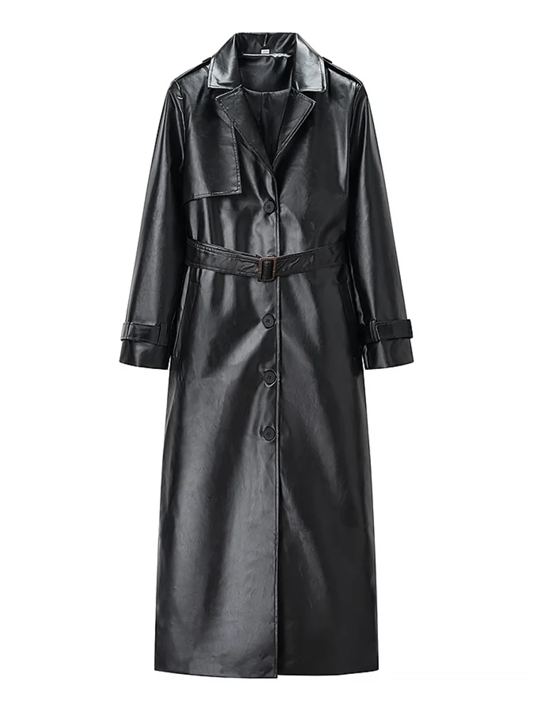 European style new women's fashion versatile temperament solid color with belt lapel imitation leather long trench coat