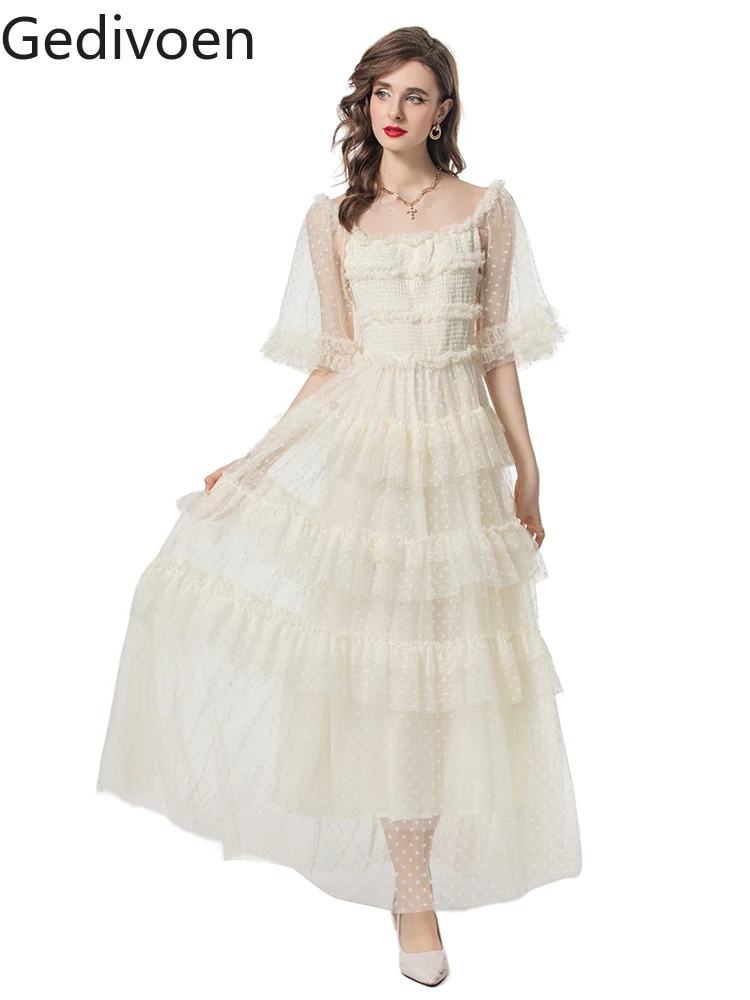 

Gedivoen Summer Fashion Runway Designer Dresses Women's Polka Dot Embroidery Elastic Waist Net Yarn Cascading Ruffle Dresses