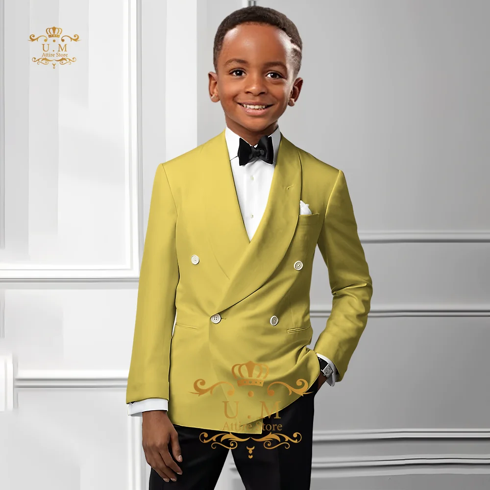 Ivory kids\' suit 2-piece set shawl lapel double breasted jacket black pants custom boys\' attire for prom birthday wedding party