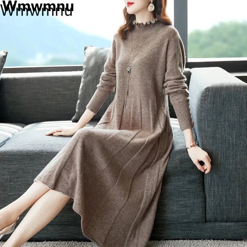 Knitted Midi Dress Half Turtleneck Thick Long Sleeve Knitwear Vestidos Loose Oversized 5xl Sweater Robe Women Fall Dresses