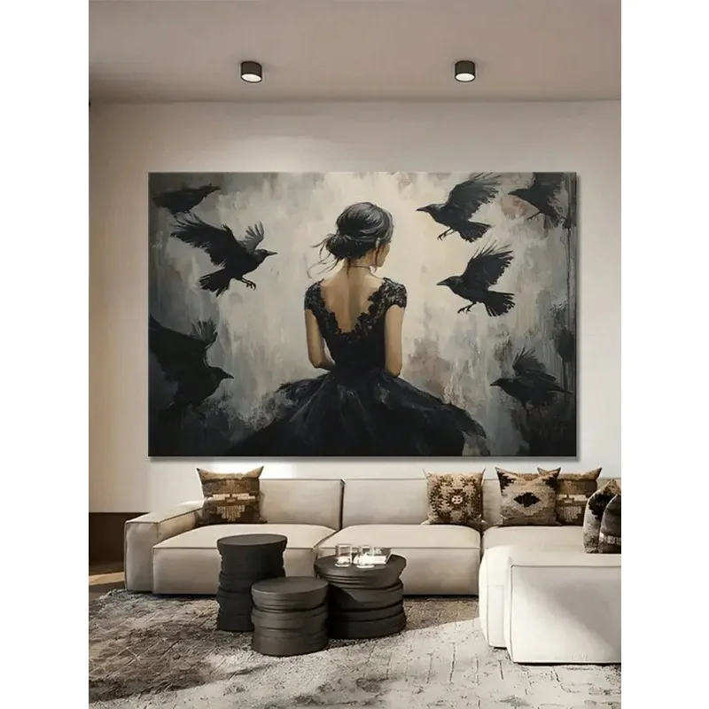 

1шт 2D рамка готический холст настенное искусство | Элегантный воронский леди с мистическими акцентами вороны | Картина с деревянной рамой темной тематики