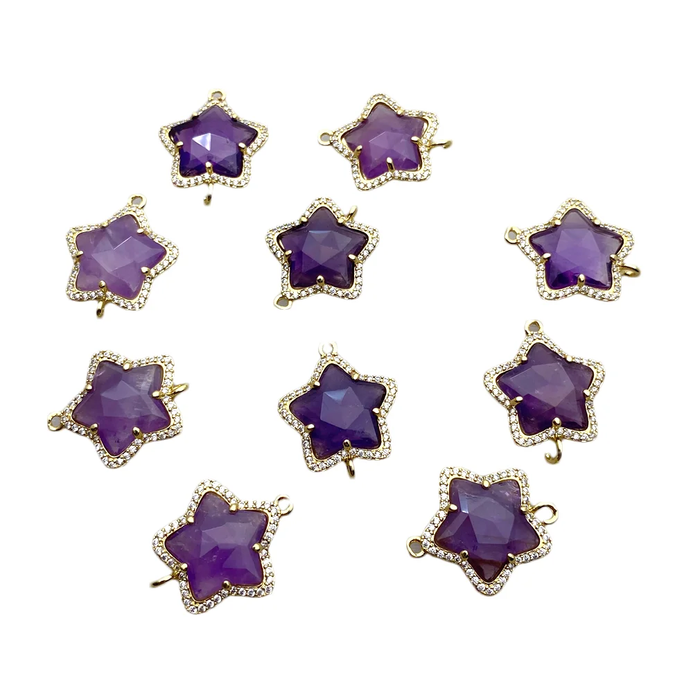 10 PCS Natural Star Faceted Amethyst Cz Pave Gold Plated Edge Double Bail Connector For Jewelry Making DIY