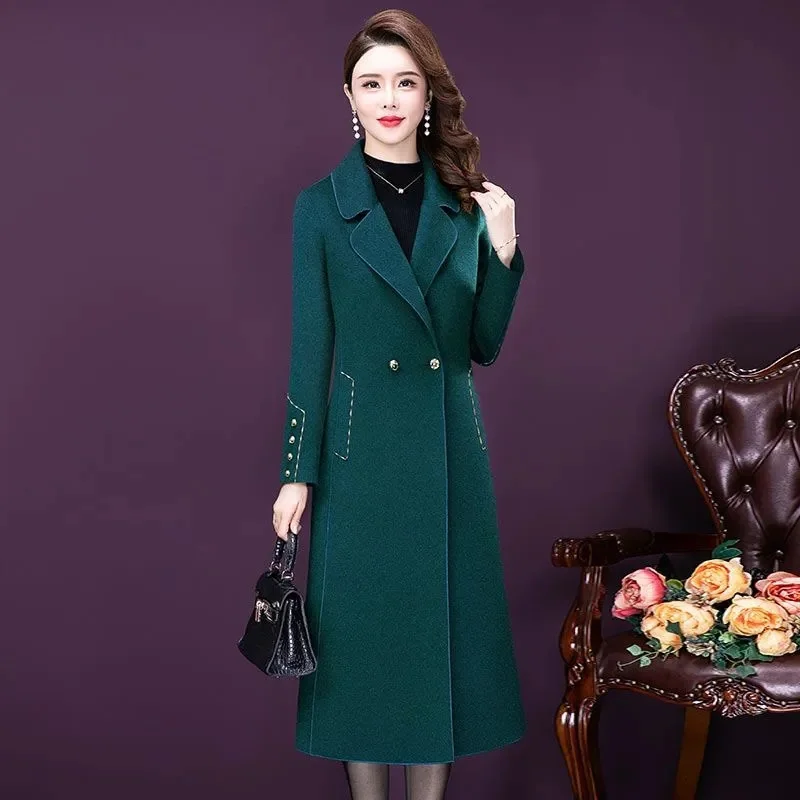 영국 스타일 여성 울 코트 우아한 슈트 칼라 더블 브레스티드 허리 타이트 롱 울 카디건 미드-캘프 길이 카디건