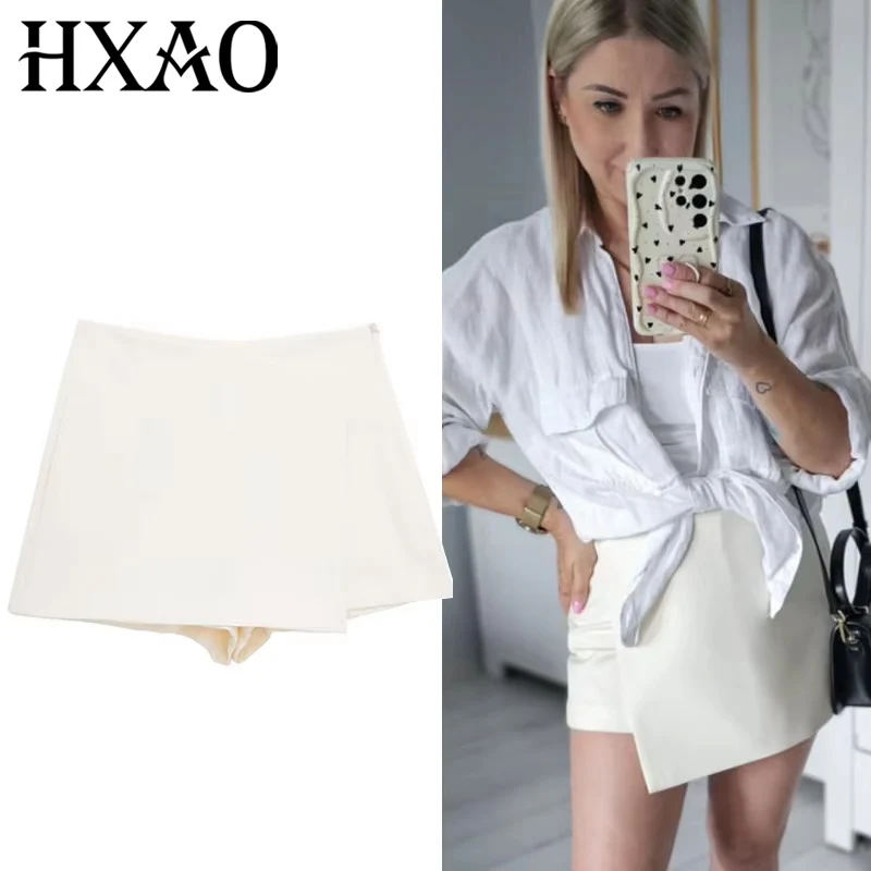 HXAO falda blanca y negra, pantalones cortos de cintura alta, falda envolvente, pantalones para mujer, falda asimétrica informal con abertura para mujer, falda caqui 2024