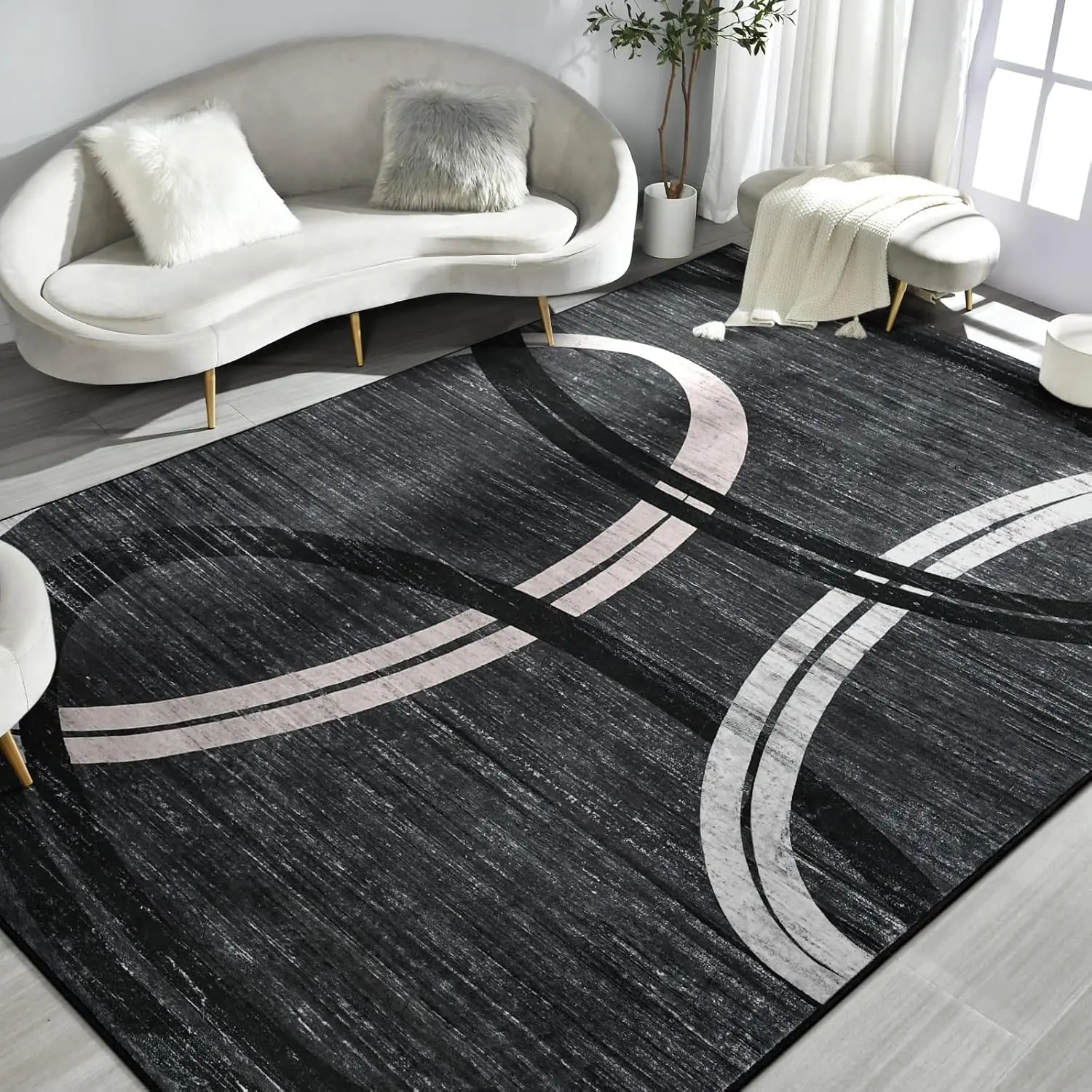 

Modern Abstract Geometric Washable Rugs, Low Pile Thin Rug,Non-Slip Indoor Wavy Circles Floor Carpet for Office Dining Room Home