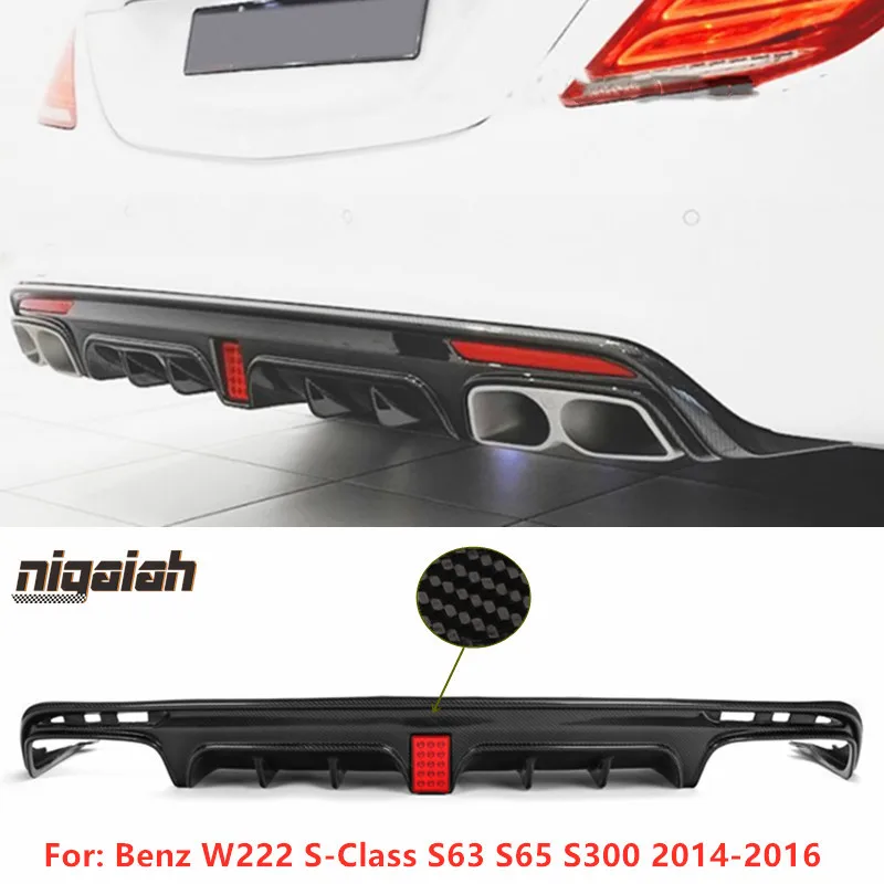 W222 Real Carbon Fiber Rear Diffuser For BENZ S Class W222 S63 S65 2014 2015 2016 Rear Bumper Lip Diffuser with LED Light