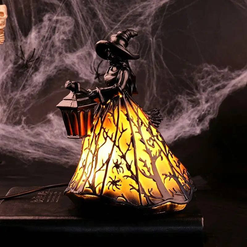 Halloween-Hexenlaterne, LED-Nachtlicht, Harzstatue, gotische Heimdekoration mit Besen für gruselige Partybeleuchtung, gotische Heimdekoration – Detail 1
