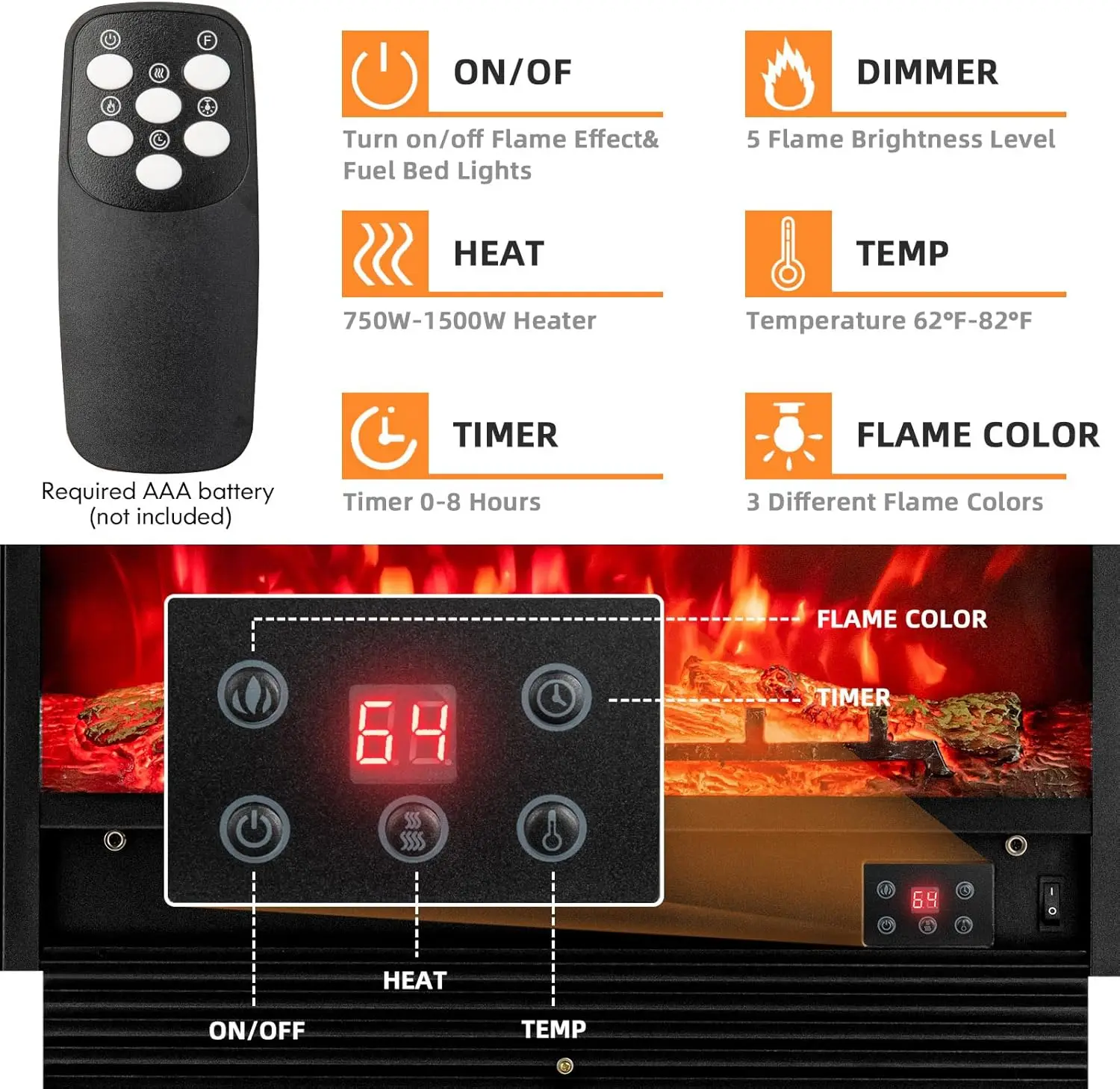 Fireplace Insert, Wall Recessed/Mounted, Freestanding Fireplace with Remote Control, 3 Color Adjustable Flames, 2 Modes Heat, 8