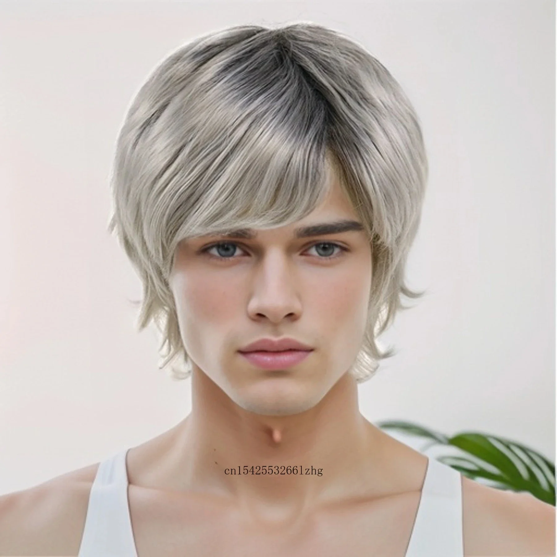 

GNIMEGIL Synthetic Short Curly Wigs for Man Grey Hair Wig with Bangs Natural Korean Men Wig Male Cosplay Costume Siliver Gray