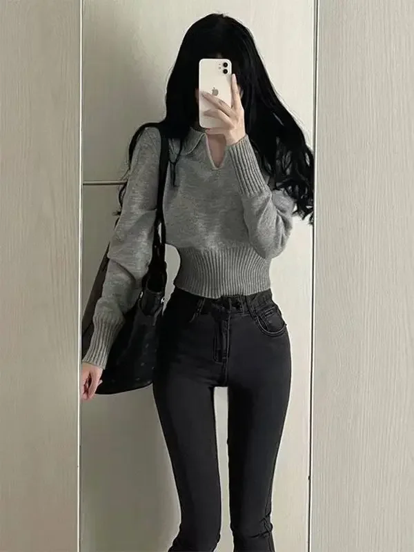 Korean Style Woman Tshirt Long Sleeve Sexy Knitted Crop Top Polo Neck T Shirt for Women Gray Clothing Polyester Original Luxury