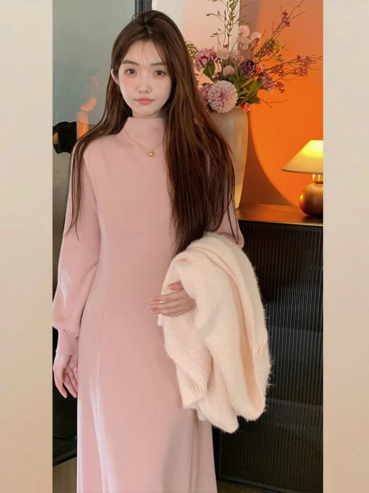 Feminino de malha longo Dr f gola alta preguiçoso Sle camada base outono inverno nova chegada macio aconchegante vestido linha A doce Japão...