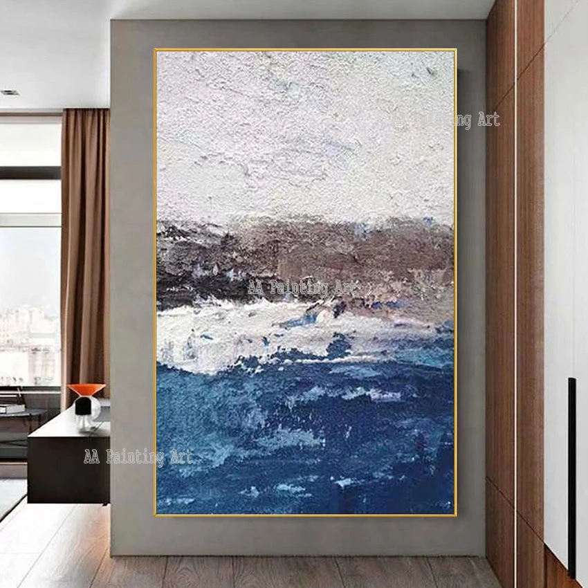 Home Decorative Item Abstract Blue Acrylic Art Canvas, Palette Knife Oil Painting, Wall Picture Artwork, Panel Set Unframe