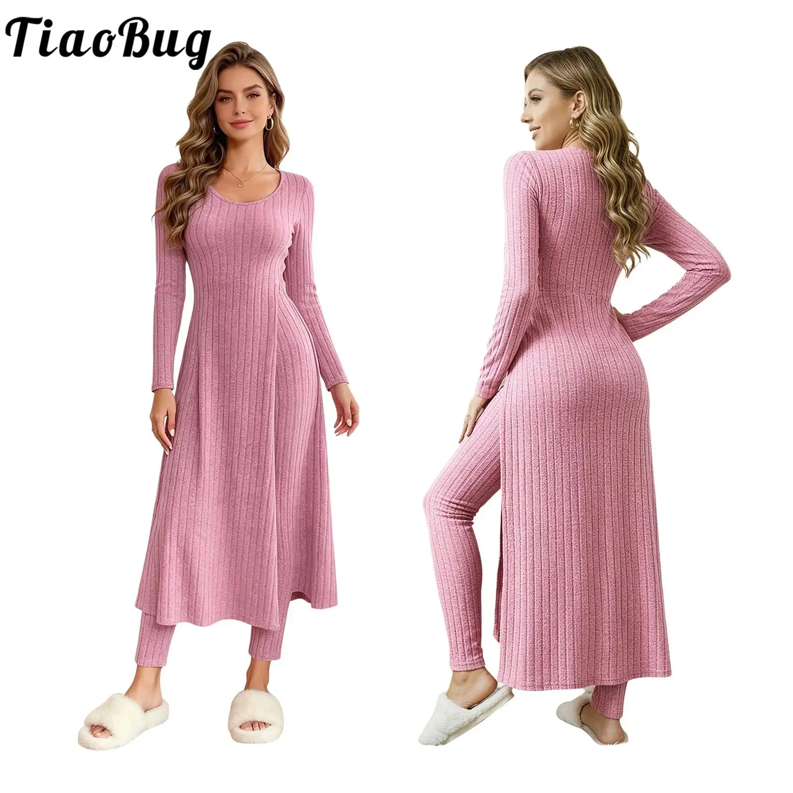 Women 2-piece Ribbed Pajama Set Loungewear Casual Homewear Long Sleeve Side High Split Dress Top with High-waisted Leggings Set