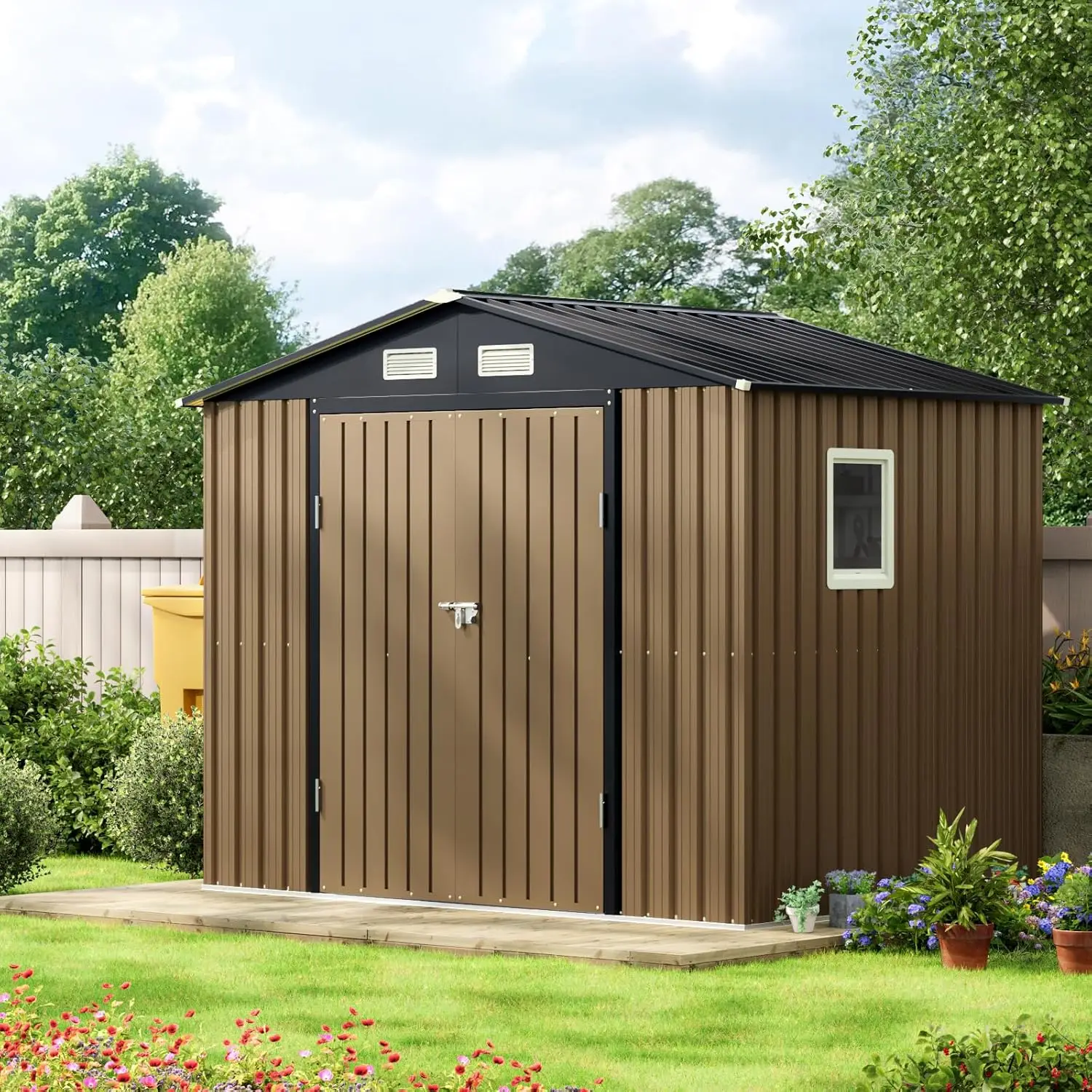 USA HOT One Big Window 8X6FT กลางแจ้งเหล็ก Storage Shed w/ล็อคประตู, เหมาะสําหรับ Garden, Backyard, Patio Storage, สีน้ําตาล