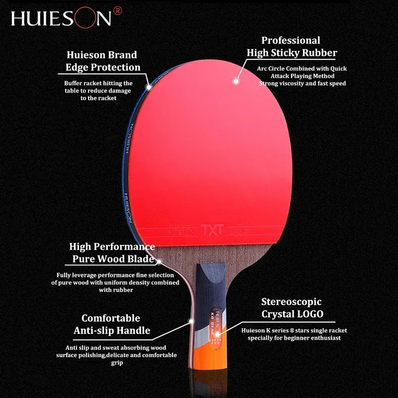 Huieson K8 8 Stars Table Tennis Racket H40+ 3-Star New ABS Plastic Durable Ping Pong Ball 5 Wood + 2 Carbon Double Pips-in Blade