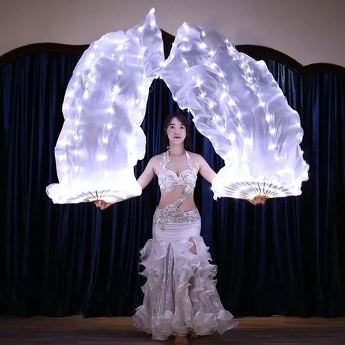 1 par de abanicos LED para danza del vientre, mano izquierda y derecha, 150cm de longitud, abanicos de seda de Color degradado, accesorios de baile, accesorios para actuación en escenario