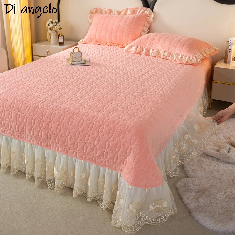 

European Pink Milk Velvet Lace Edge With Quilted Bedspread,Bedding Throws Blanket, Plaids Coverlet, Bed Cover Blankets#S