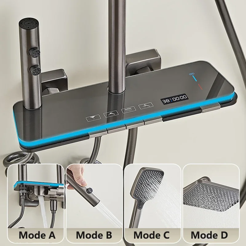 Display Shower Faucet Set Rainfall LED 4 Ways Water Outlet Bathtub Tap Cold and Hot Water Flow Produces Electricity