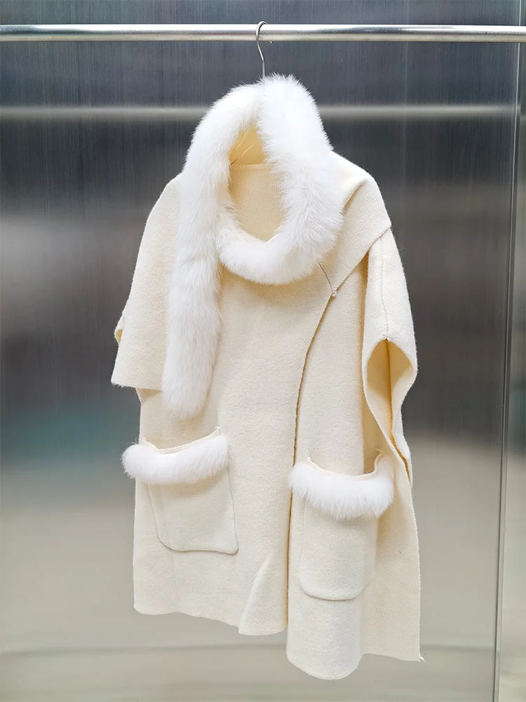 Fashion Women Cardigan Cloak Real Fox Fur Collar Loose Wool Jacket Poncho Coat Winter Thick Horn Buckle Capes Cloak