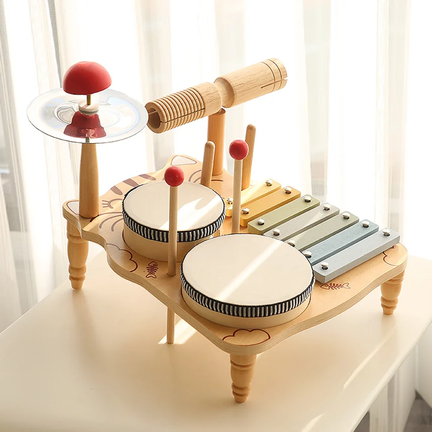 Children's Wooden Orff Musical Percussion Instruments, Xylophone, Drum, Gong, Baby Hand Drum, Educational Toy