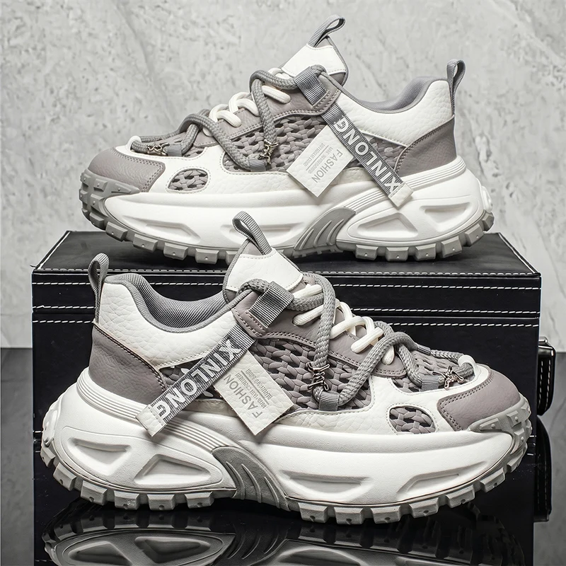 Men Mesh Chunky Sneakers Breathable Thick Platform Dad Shoes Non‑Slip Casual Sports Walking Shoes Size 39‑44