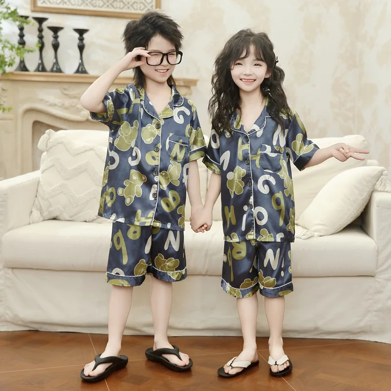 Summer New Kids Silky Pajamas Baby Boys Girls Cartoon Short Sleeve Lapel Shirt Top with Shorts Children Sleepwear Clothes Sets