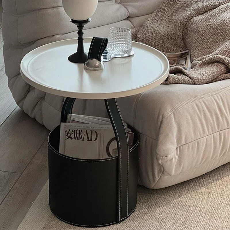 

Italian light luxury living room saddle leather hand carry movable coffee table sofa side balcony small round table storage corn