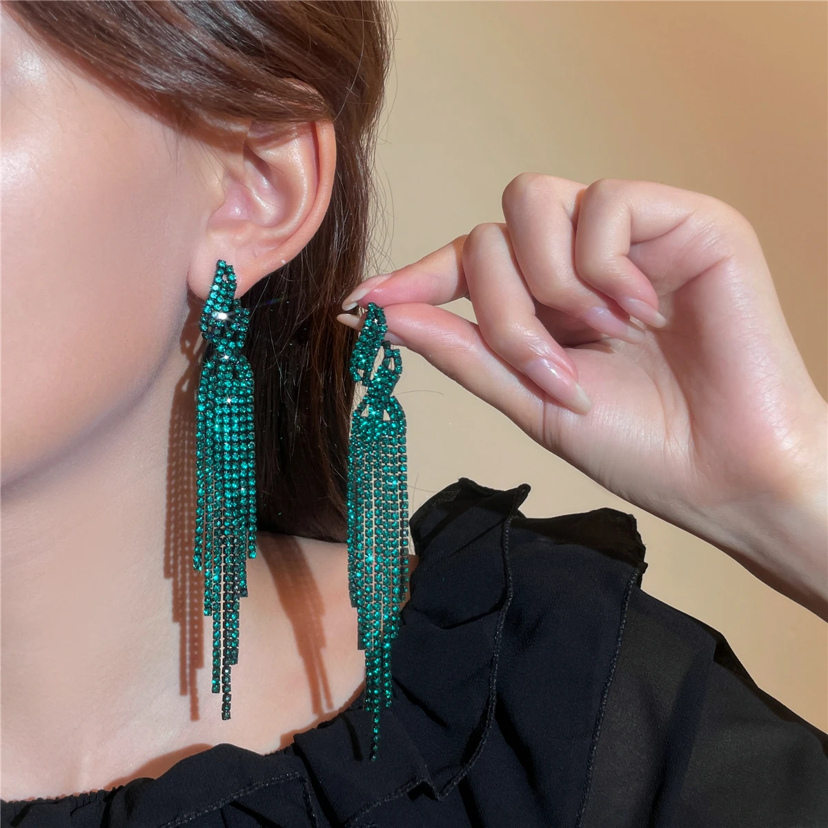 Fashion exaggerated diamond color electrophoresis long tassel earrings female niche light luxury retro design earrings