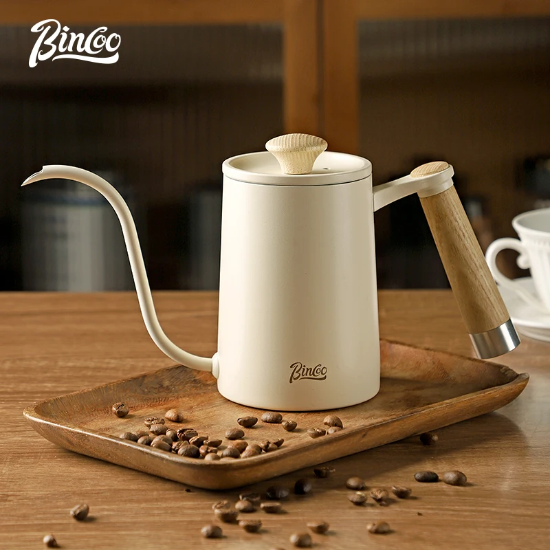 BINCOO-Hand Brewed Coffee Pot, Household Narrow Mouth Jug, 304 Stainless Steel Coffee Pot, Wooden Handle Kettle, 600ml