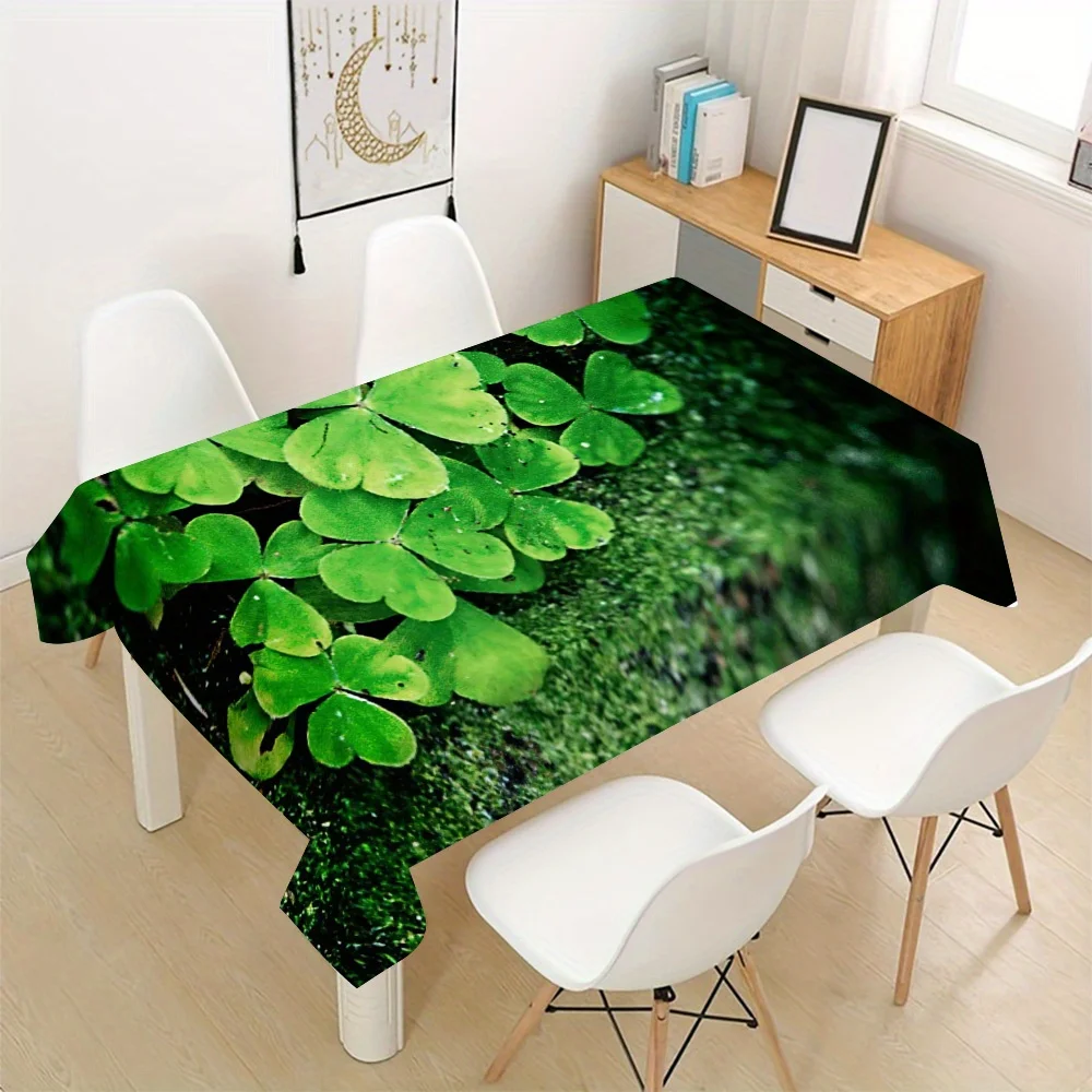 Clover Tablecloth, Fresh Green Four Leaf Clover Print, Washable Table Cover, Natural Botanical Style Dining Room Home Decor