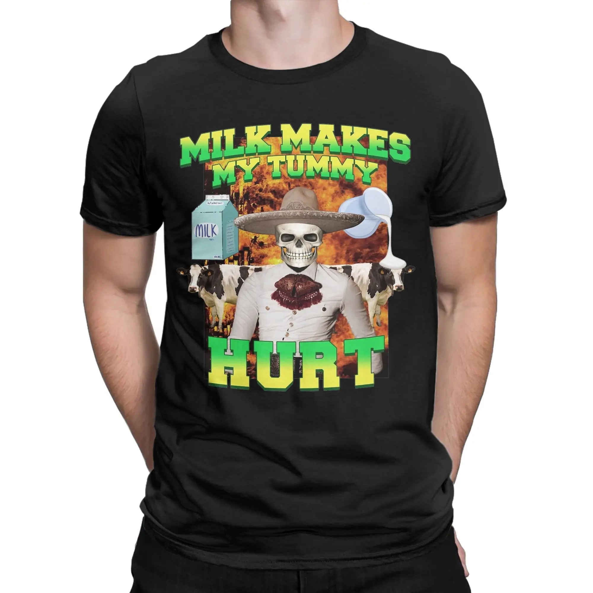 

Milk Makes My Tummy Hurt Lactose Intolerance Meme Men's T Shirt Tee Shirt Short Sleeve Round Neck T-Shirt Cotton Gift Clothing