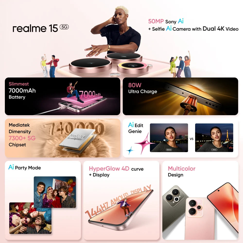 Realme 15 5G الهاتف الذكي الأبعاد 7300 + 5G شرائح 7000mAh بطارية 80W شحن مزدوج 50MP AI كاميرا 6.77 "144 هرتز AMOLED عرض NFC #2