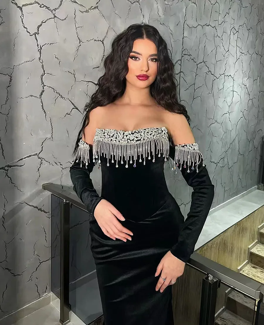 Stylish and exquisite crystal beaded party evening dress for women simple glamorous sexy off shoulder long sleeve ball dress