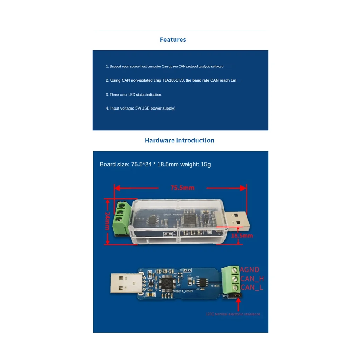 Canable USB to CONVERTER MODULE CANbus Debugger analysis อะแดปเตอร์แสงเทียน TJA1051T/3รุ่นไม่แยกสามารถทำได้