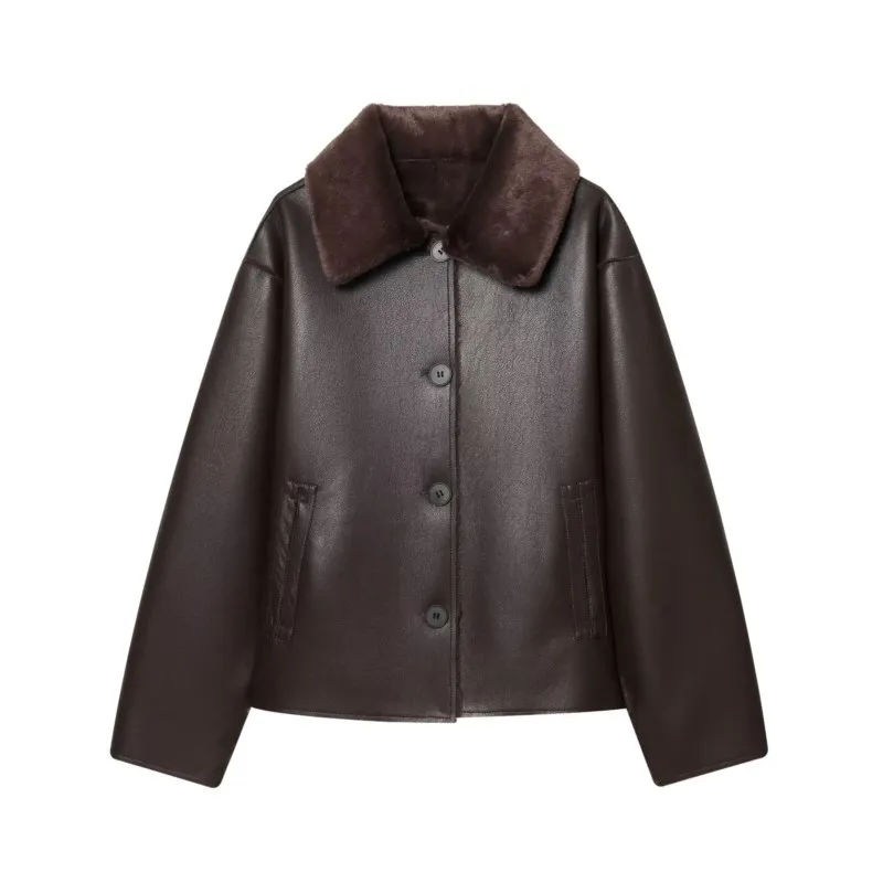 

Spring Women Reversible Double Faced Faux Leather Jacket Long Sleeve Pocket Button Women's Coats Female Chic Tops