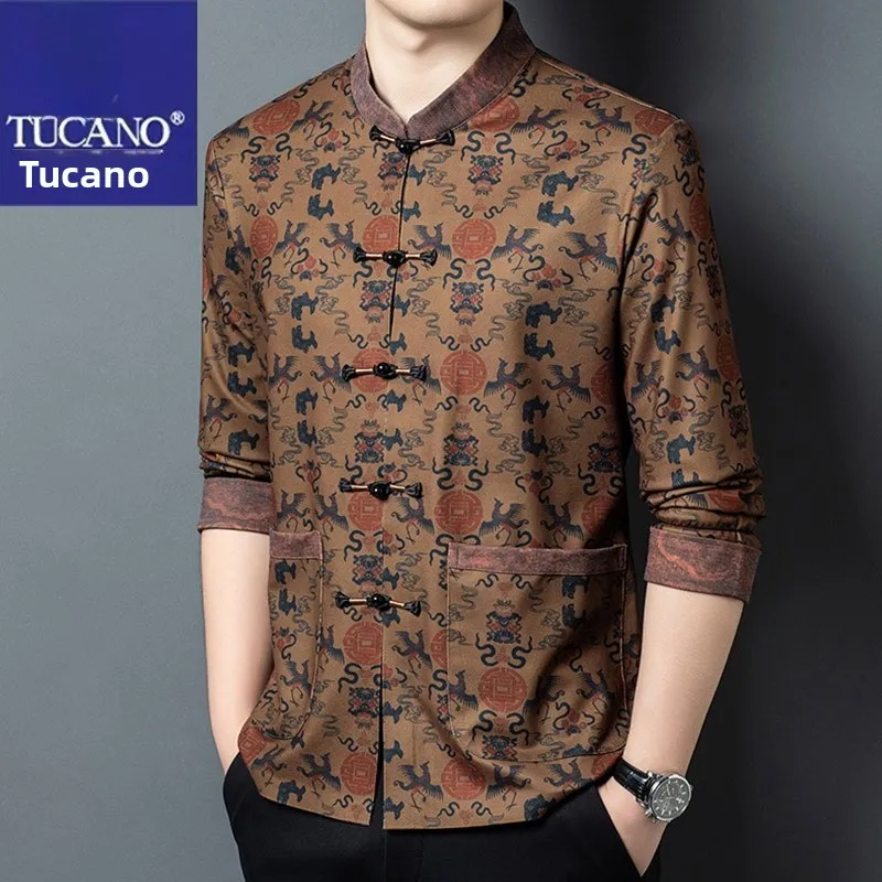 

Высококачественный китайский костюм Sle Jaet, новинка 2025 года, мужская одежда TUCANO для среднего возраста и ly, костюм Тан, топ, свитер для папы, кардиган